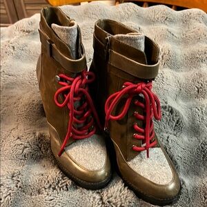 Brown Lace Up Boots with Red Laces